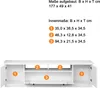 A diagram showing the dimensions of a white TV stand, with numbered sections. Produktbild-Vorschau