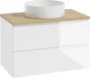 A white bathroom vanity with a wooden countertop and a white sink on top, shown against a white background. Anteprima dell’immagine prodotto