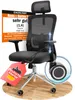 A black office chair is shown on a wooden floor, with a marketing graphic in the background and a red tag attached to the chair. Produktbild-Vorschau