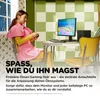A woman is playing a video game in a retro-styled room with a checkered green and white wall. Produktbild-Vorschau