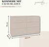 A light beige dresser with six drawers, shown with dimensions indicated by arrows and text. Produktbild-Vorschau