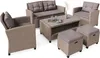 A set of outdoor furniture including a sofa, two chairs, a coffee table, and two ottomans, arranged on a white background. Produktbild-Vorschau