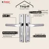 A marketing image showcasing a pair of silver door handles with descriptive text highlighting their features. Produktbild-Vorschau