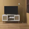 A TV stand with a television on top, a floor lamp, and a wall in the background. Anteprima dell’immagine prodotto