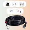 A product image showcasing a coiled black hose and various accessories, presented in a collage-style layout against a gradient background. Produktbild-Vorschau