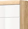 A close-up view of a white high-gloss cabinet with a wood-grain trim. Produktbild-Vorschau