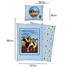 A bedding set featuring the cartoon character Yakari and his horse, with dimensions indicated. Produktbild-Vorschau