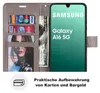 A wallet-style phone case for a Samsung Galaxy A16 5G is shown open, displaying cards, cash, and a picture of a person. The phone screen is also visible. Produktbild-Vorschau