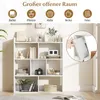 A white geometric bookshelf with multiple compartments, displaying various items like books, plants, and decorative objects. The top of the image features icons and text highlighting the product's features. Produktbild-Vorschau