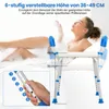 A woman is taking a bath while a shower chair is shown next to her, with height adjustment details. Podgląd zdjęcia produktu