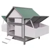 A wooden chicken coop with a green roof, white walls, and gray trim. It has multiple compartments, nesting boxes, and a ramp. Podgląd zdjęcia produktu