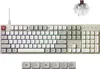 A white mechanical keyboard with a mechanical switch shown above it, and extra keycaps below. Produktbild-Vorschau