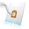 A white vacuum cleaner bag with a brown cardboard attachment for insertion into a vacuum cleaner. Blue and gray wisps indicate airflow. Produktbild-Vorschau