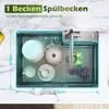 A top-down view of a kitchen sink with dishes, pots, and fruit inside, showcasing its capacity and features. Podgląd zdjęcia produktu