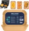 A collage showing an air fryer with food, individual food items in paper inserts, and a package of paper inserts for an air fryer. Podgląd zdjęcia produktu