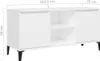 A white TV stand with black legs and dimensions indicated. Voir les images du produit