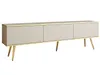 A beige and gold TV cabinet with three doors and metal legs, isolated on a white background. Produktbild-Vorschau