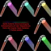 Collage of LED shower heads with different colored water streams against a black background, with German text describing features. Produktbild-Vorschau