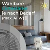 Living room with a sofa, floor lamp, and a close-up of a fan. Produktbild-Vorschau