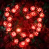 A heart shape made of red rose-shaped lights and green leaves, surrounded by red rose petals. Produktbild-Vorschau