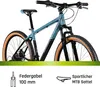 A blue and black mountain bike is shown against a white background with text and icons below. Produktbild-Vorschau