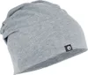 A grey slouch beanie is shown against a white background.