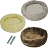 Three round pet beds in different colors and two metal screws are displayed against a white background. Produktbild-Vorschau