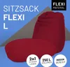 A red beanbag chair is shown in a studio setting with text overlays highlighting its features. Produktbild-Vorschau