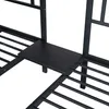A close-up view of a black metal bed frame, showing a small shelf attached to the corner. Voir les images du produit
