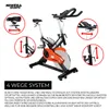 A stationary exercise bike with inset diagrams highlighting adjustable features. Produktbild-Vorschau