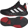 A pair of black Adidas basketball shoes with white stripes and red accents, shown from a side view and a sole view. Podgląd zdjęcia produktu