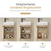 A collage of three images showing different configurations of a bathroom vanity with a sink and faucet, highlighting storage options and adjustable shelves. Náhled obrázku produktu