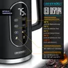 Close-up of a black electric kettle with a digital display and control buttons, alongside text explaining its features. Produktbild-Vorschau