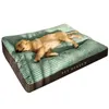 A golden retriever puppy sleeps on a green dog bed with a ribbed texture. The bed has a dark brown base and the words "PET HEAVEN" are printed on the side in white text. Produktbild-Vorschau