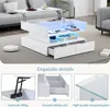 A white coffee table with LED lighting is shown in a living room setting, with close-up details of its features. Náhľad obrázku produktu