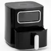 A black air fryer with a silver handle and a silver trim around a window is shown against a white background. The drawer is partially open. Produktbild-Vorschau
