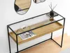 A console table with a glass top and a wooden shelf, placed against a white wall with decorative mirrors above it. Podgląd zdjęcia produktu