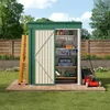 A metal garden shed filled with tools and gardening equipment, with a lawnmower and ladder outside. Anteprima dell’immagine prodotto
