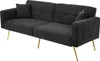 A dark gray sofa bed with gold legs is shown against a white background.