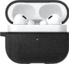 A black fabric-covered case for Apple AirPods Pro 1/2, with the case open and the white AirPods inside. Produktbild-Vorschau