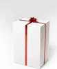 A white gift box with a red ribbon and bow, isolated on a white background. Produktbild-Vorschau