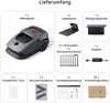 A collage of images showing the contents of a robot lawnmower package. Produktbild-Vorschau
