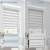 A split image showing two windows with blinds. The left side shows the blinds open for daylight, and the right side shows them closed for shade. Insets show close-ups of the blind patterns. Produktbild-Vorschau