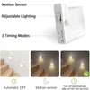 Collage showing a white LED night light plugged into a wall socket on a staircase, with diagrams illustrating its features. Produktbild-Vorschau