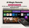 A television screen displaying a smart TV interface with various app icons and content recommendations, alongside a remote control. Voir les images du produit