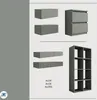 A collage of modular furniture pieces, including drawers and shelving units, presented in a neutral gray color. Voir les images du produit