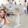 A woman is looking at a standing desk with a partition, with arrows indicating sound waves emanating from the background. Náhled obrázku produktu