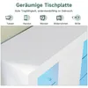 A close-up of a white, high-gloss surface, likely a tabletop or cabinet top, with blue LED lighting visible underneath. Above the surface, there are icons and text describing the product's features. Anteprima dell’immagine prodotto