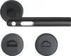 A black door handle set, including a lever handle and two escutcheons, displayed against a white background. Produktbild-Vorschau