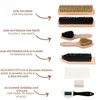 An instructional image showing a shoe cleaning kit with different brushes and accessories, along with text explaining their uses. Produktbild-Vorschau